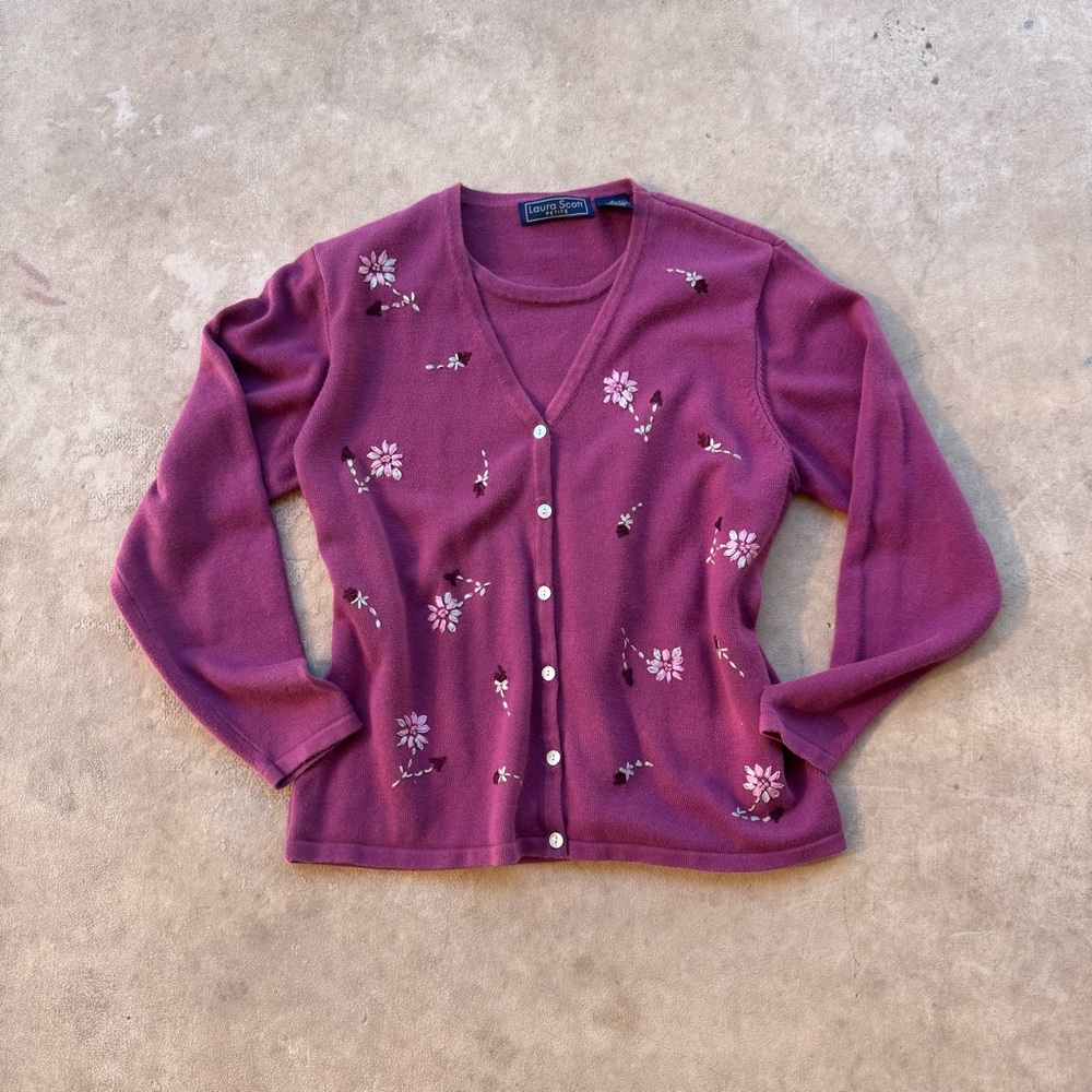 Laura Ashley Plum Floral V-Neck Button Cardigan Sweater